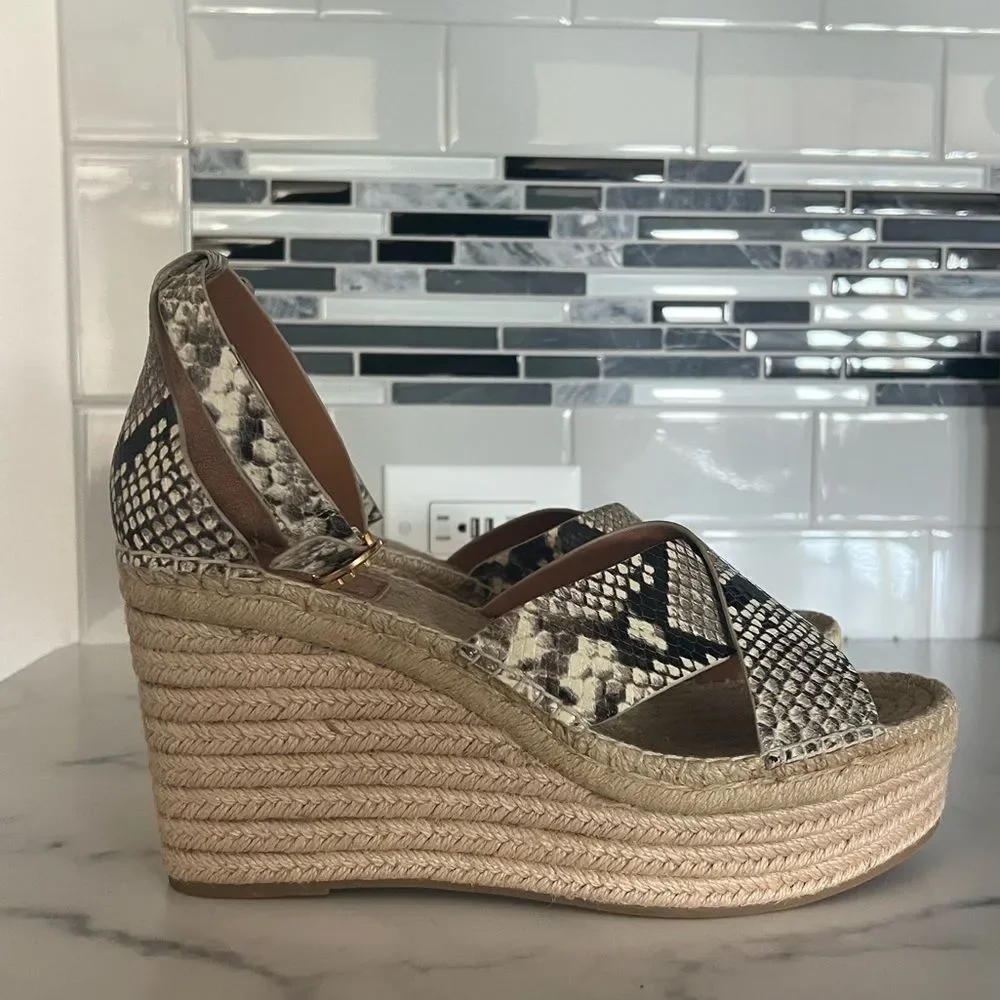 Tory Burch Shelby Snakeskin-Embossed Leather Espadrille Sandals, New, Size11